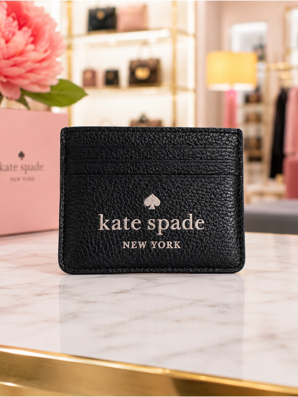 Kate Spade New York Black Pebbled Leather Slim Card Holder Wallet NWOT